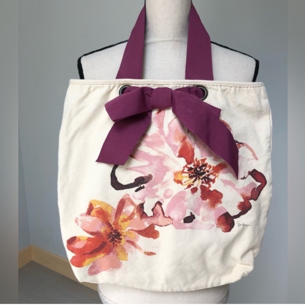 NEW Ann Taylor LOFT Artist Watercolor Floral Bow Tote Bag